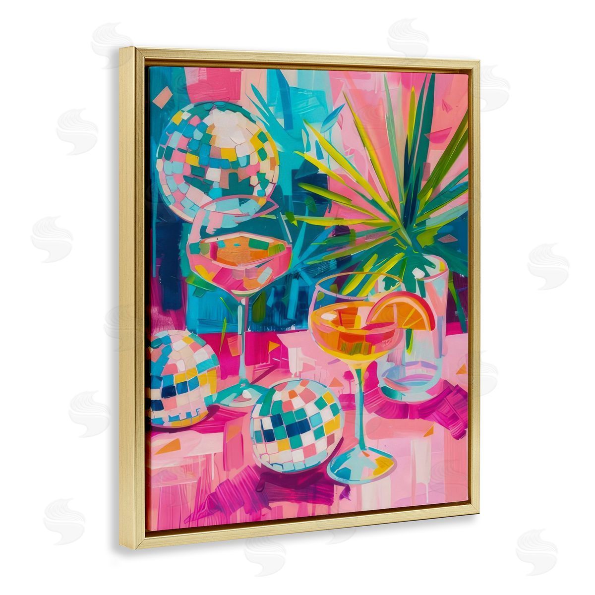 Dazzling Disco Cocktails Gold Floating Frame Canvas Wall Art, Home Decor by LSR Design Studio