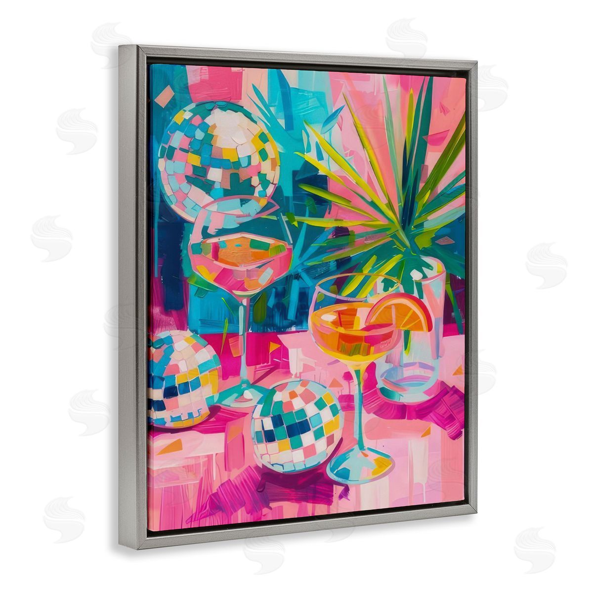 Dazzling Disco Cocktails Grey Floating Frame Canvas Wall Art, Home Decor by LSR Design Studio