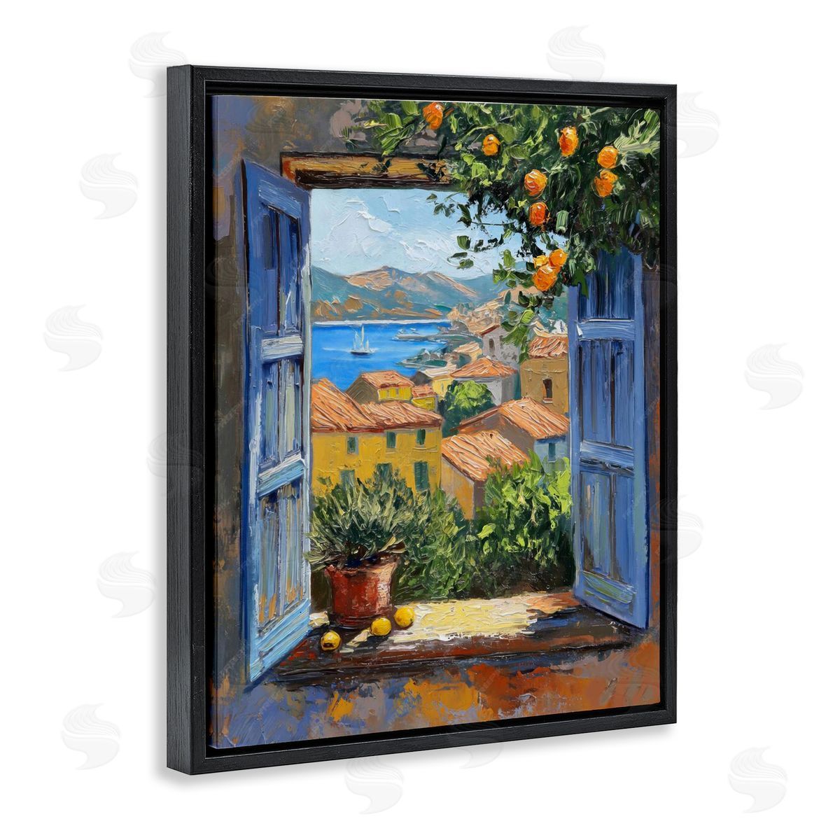 Mediterranean Window View Black Floating Frame Canvas Wall Art, Home Decor by LSR Design Studio