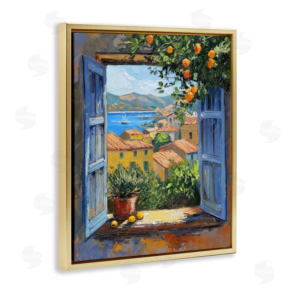 Mediterranean Window View Gold Floating Frame Canvas Wall Art, Home Decor by LSR Design Studio
