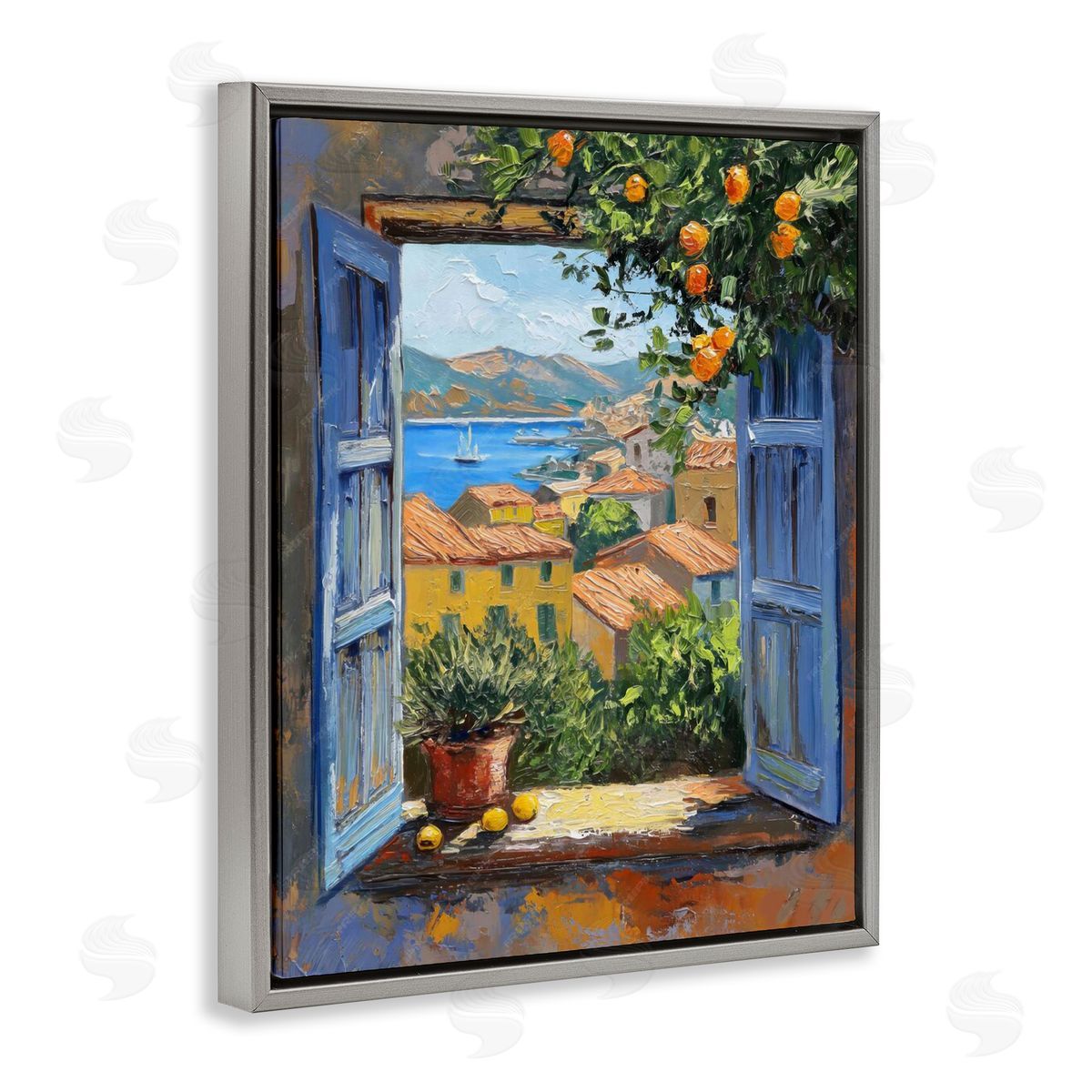 Mediterranean Window View Grey Floating Frame Canvas Wall Art, Home Decor by LSR Design Studio