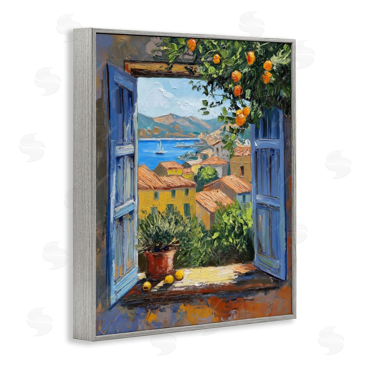 Mediterranean Window View Grey Frame Print Wall Art, Home Decor by LSR Design Studio