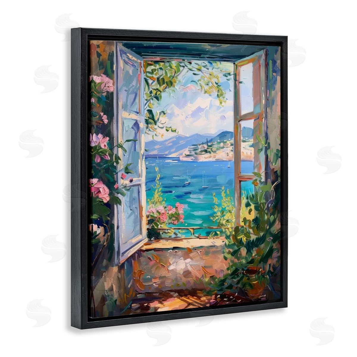 Window Sea View Black Floating Frame Canvas Wall Art, Home Decor by LSR Design Studio
