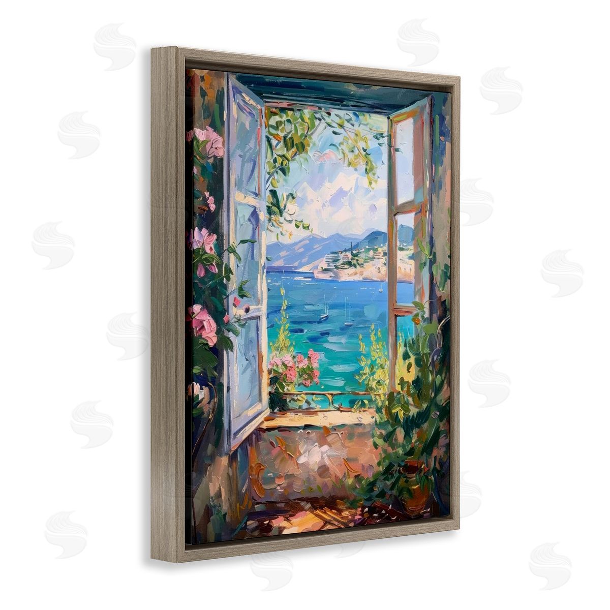 Window Sea View Brown Floating Frame Canvas Wall Art, Home Decor by LSR Design Studio