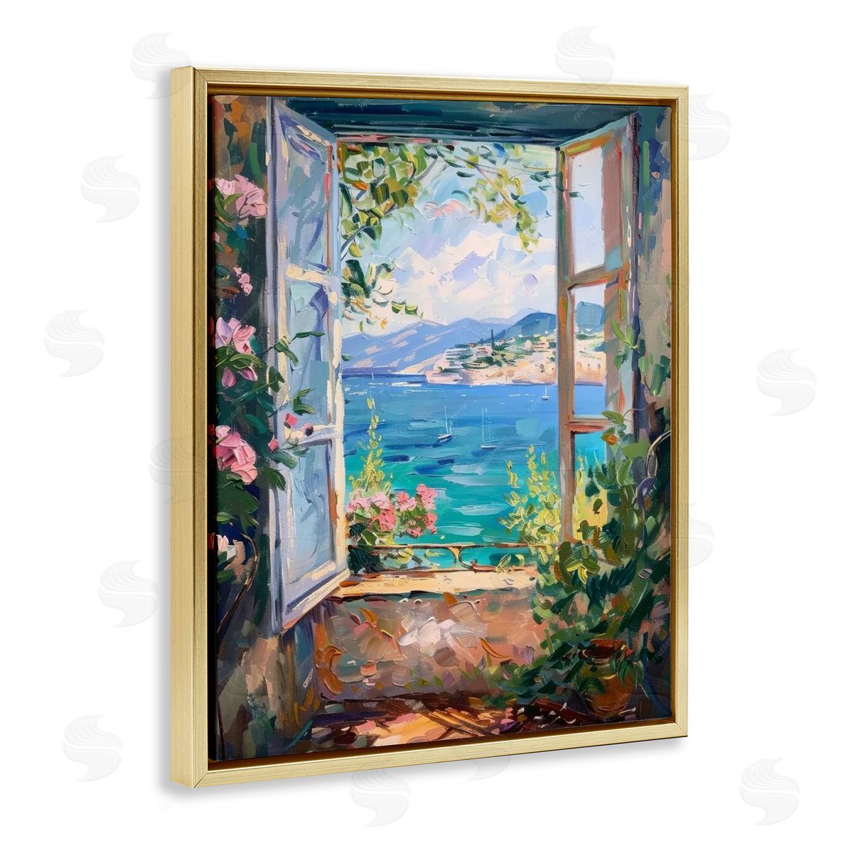 Window Sea View Gold Floating Frame Canvas Wall Art, Home Decor by LSR Design Studio