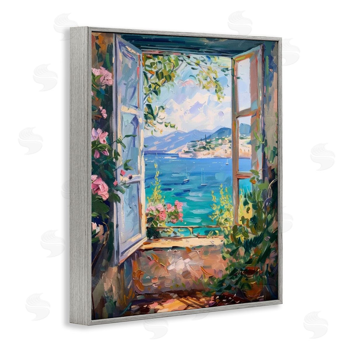 Window Sea View Grey Frame Print Wall Art, Home Decor by LSR Design Studio