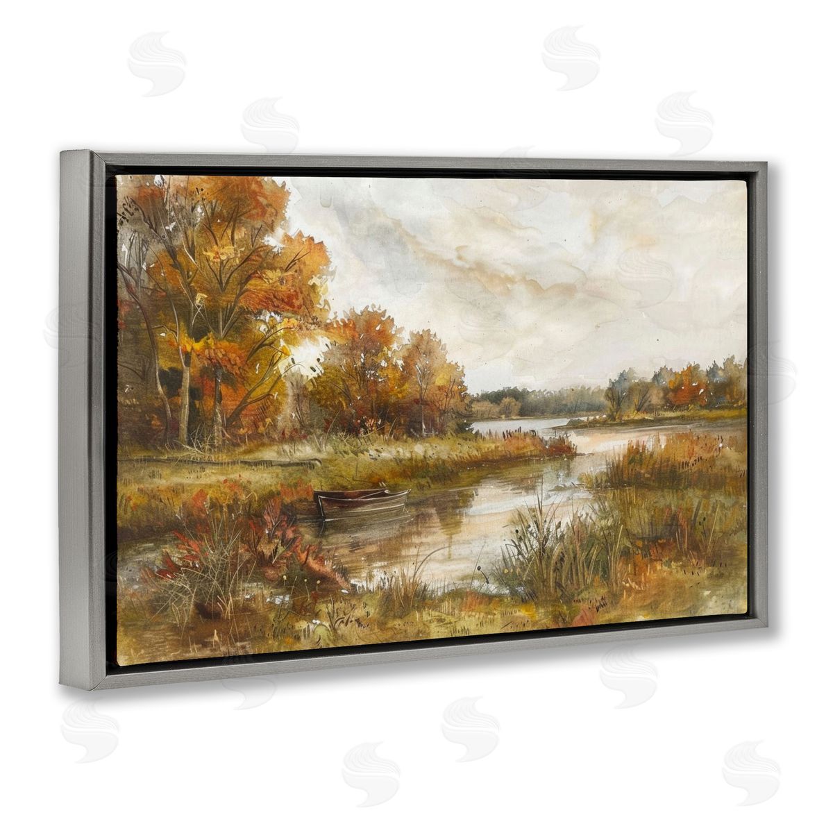 Fall Scenic River Boat Grey Floating Frame Canvas Wall Art, Home Decor by LSR Design Studio
