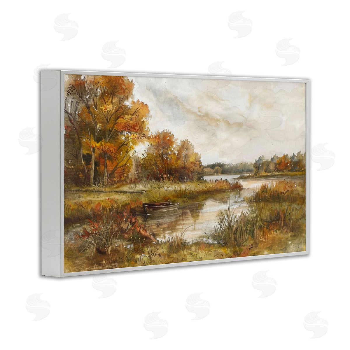 Fall Scenic River Boat White Frame Print Wall Art, Home Decor by LSR Design Studio