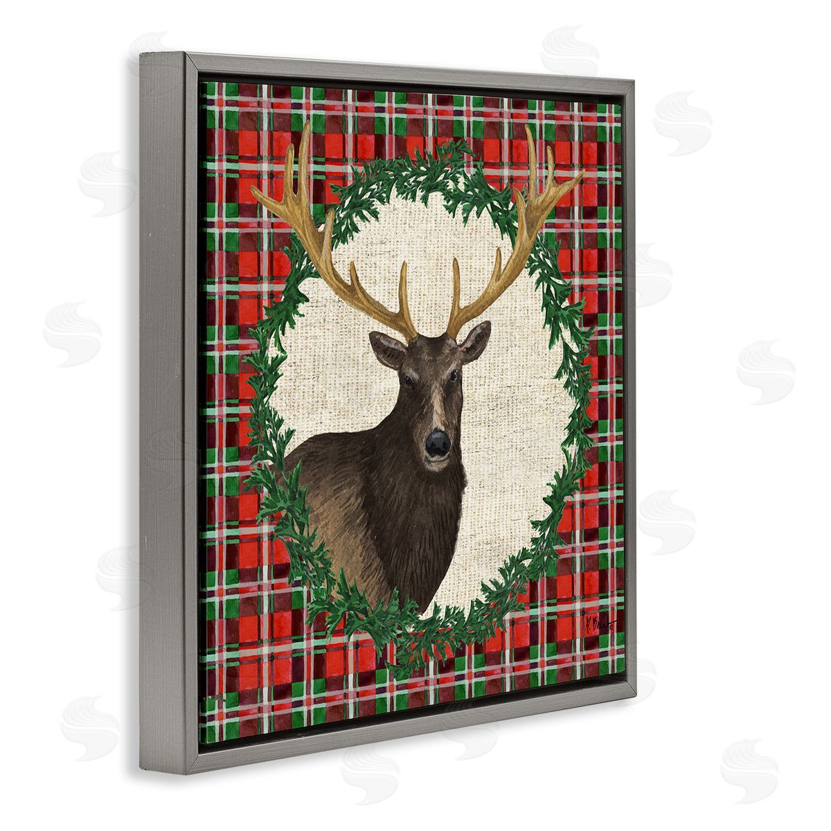 Festive Plaid Elk Grey Floating Frame Canvas Wall Art, Home Decor by Paul Brent