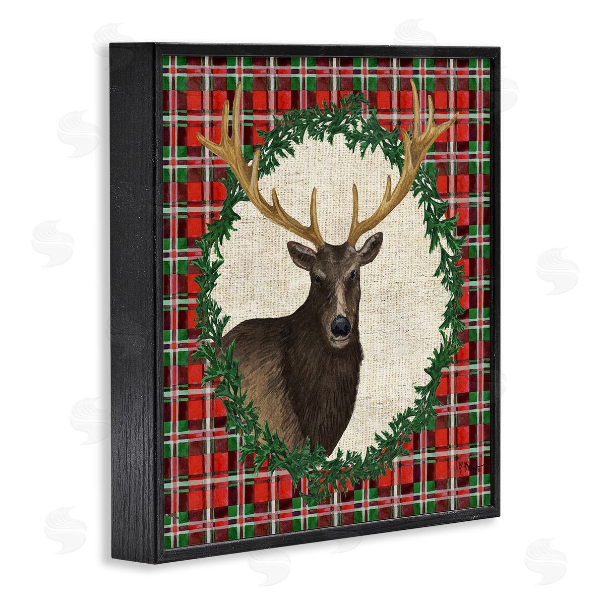 Festive Plaid Elk Black Frame Print Wall Art, Home Decor by Paul Brent