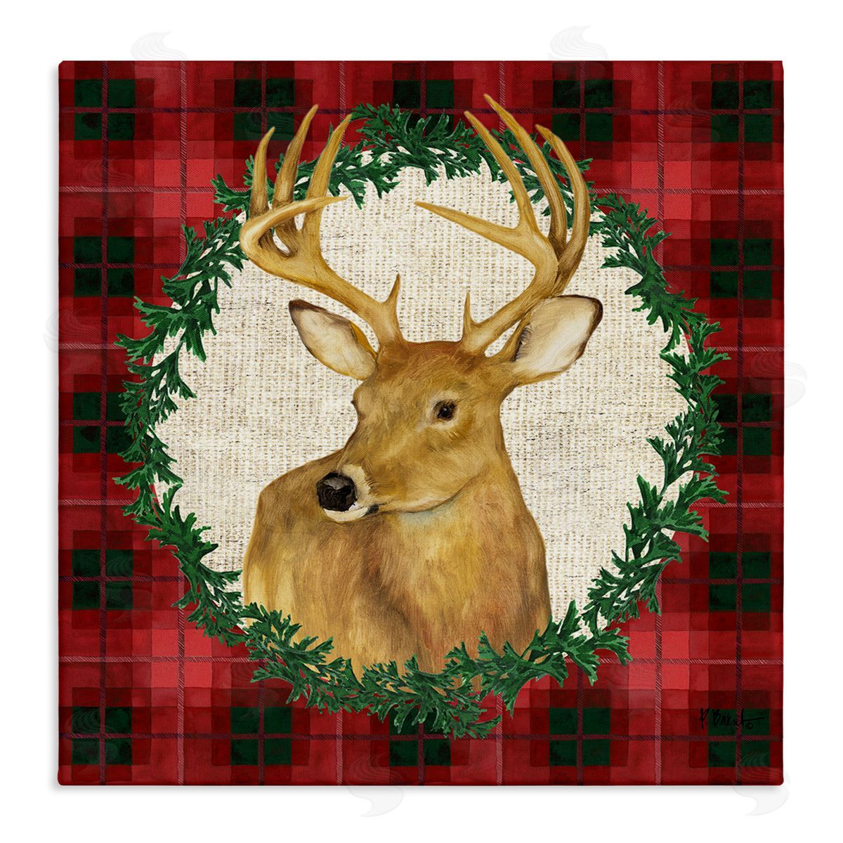 Deer on Plaid & Wreath Canvas Wall Art, Home Decor by Paul Brent