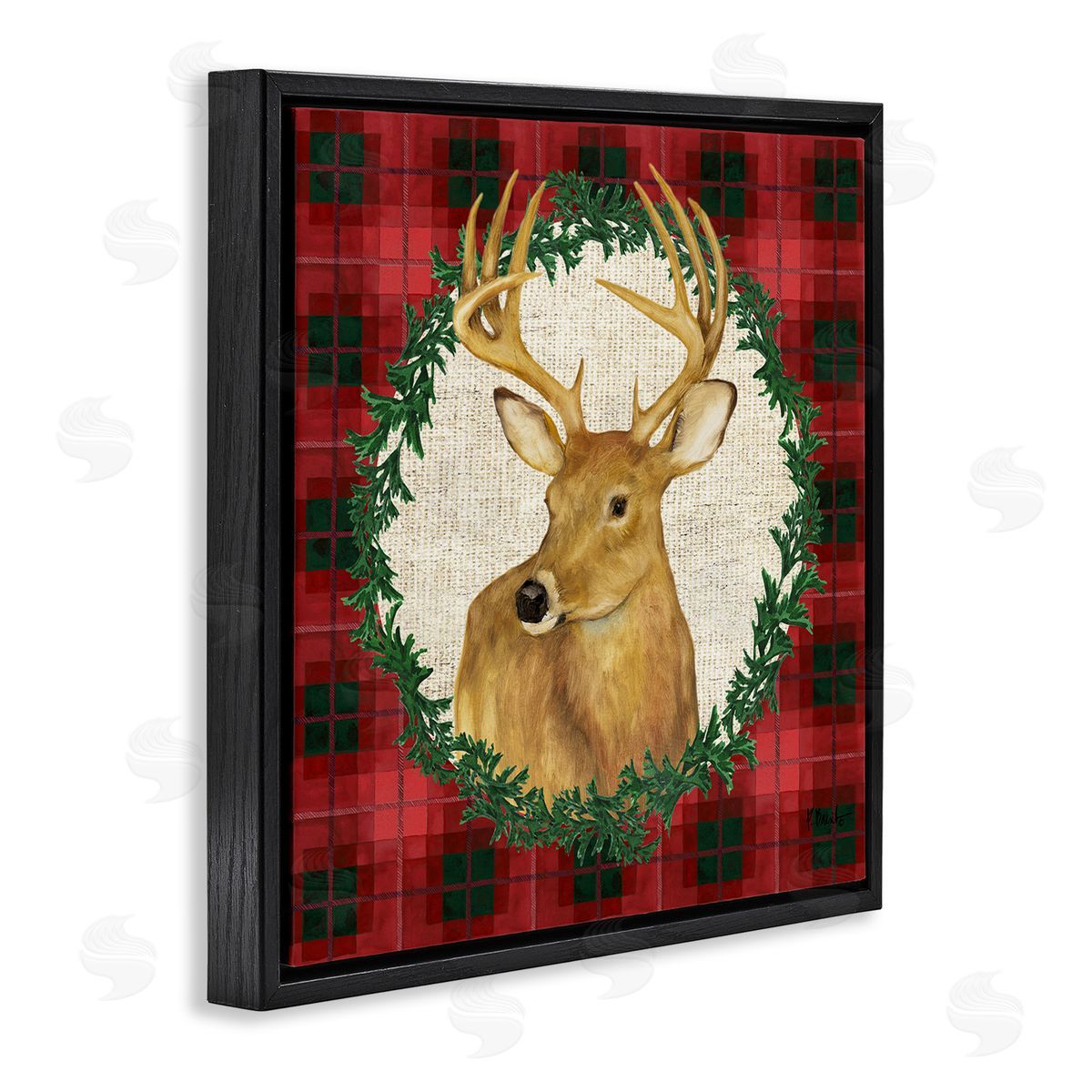 Deer on Plaid & Wreath Black Floating Frame Canvas Wall Art, Home Decor by Paul Brent