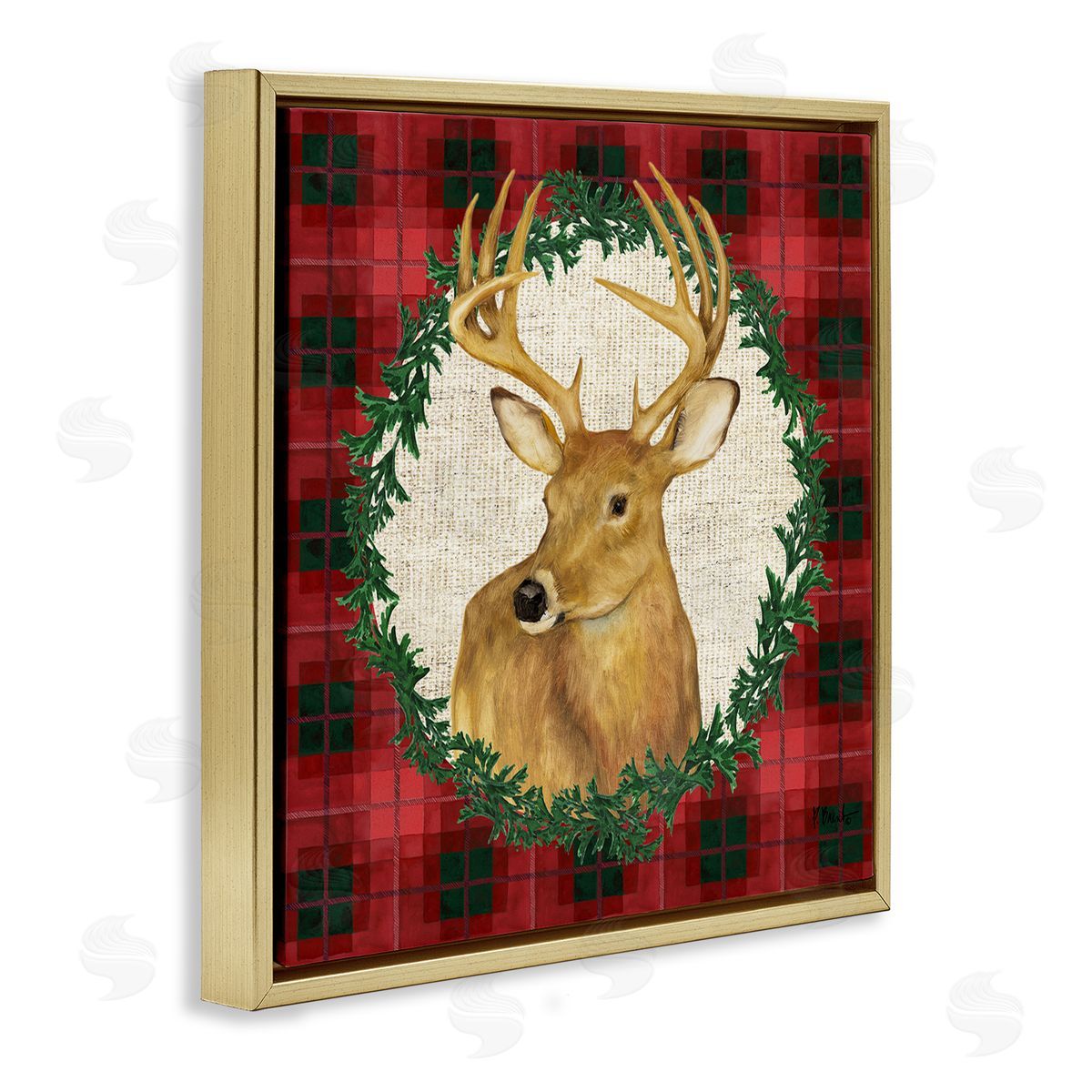 Deer on Plaid & Wreath Gold Floating Frame Canvas Wall Art, Home Decor by Paul Brent