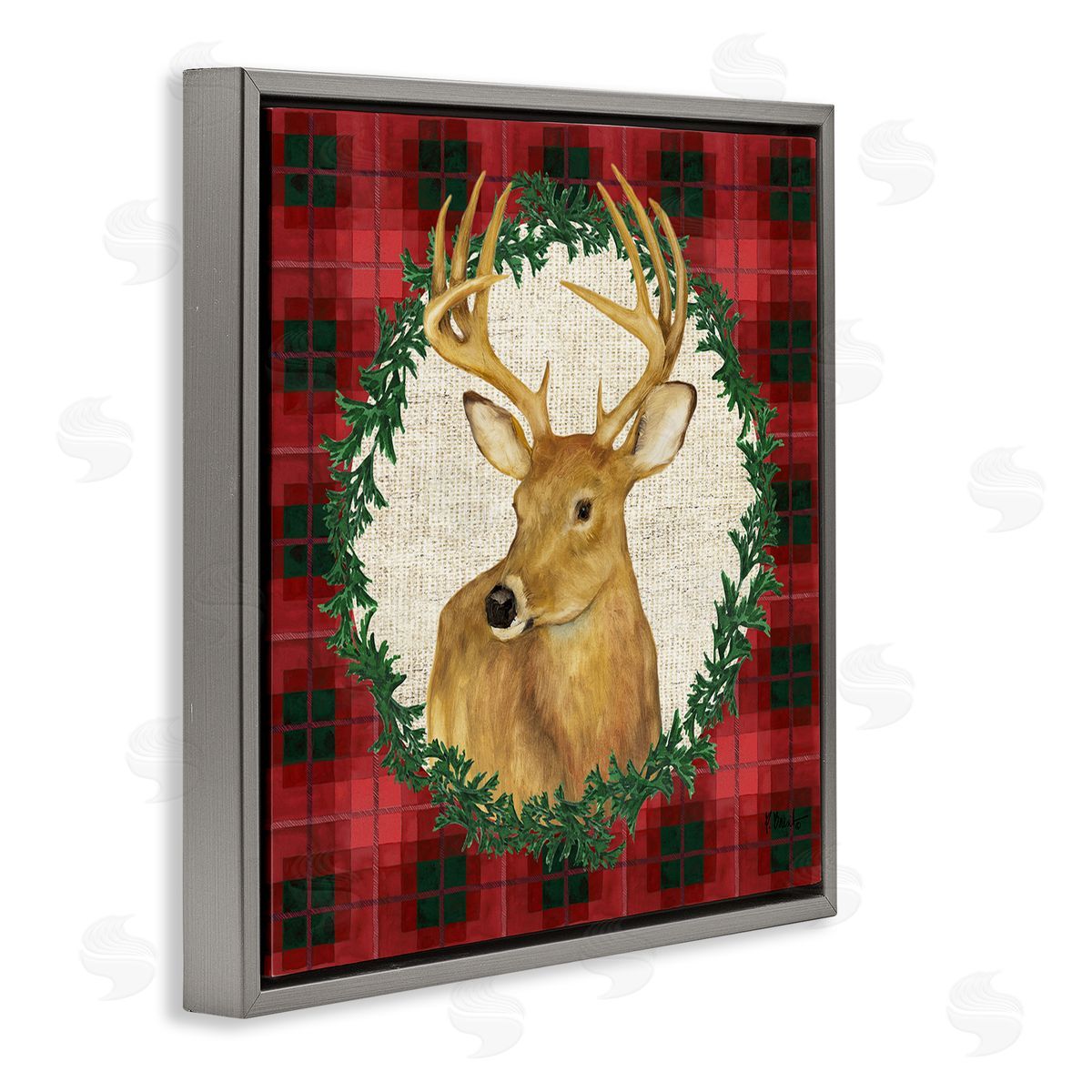 Deer on Plaid & Wreath Grey Floating Frame Canvas Wall Art, Home Decor by Paul Brent