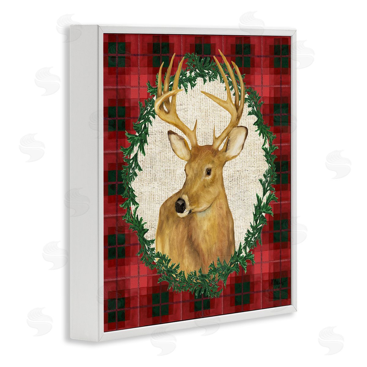 Deer on Plaid & Wreath White Frame Print Wall Art, Home Decor by Paul Brent