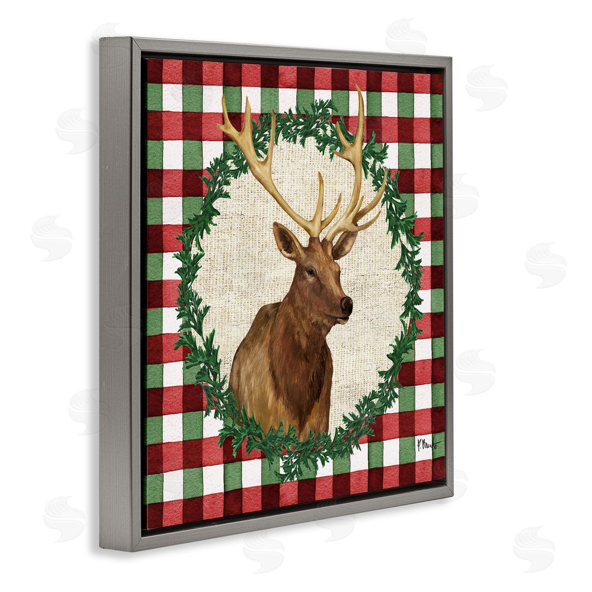 Plaid Holiday Elk Grey Floating Frame Canvas Wall Art, Home Decor by Paul Brent