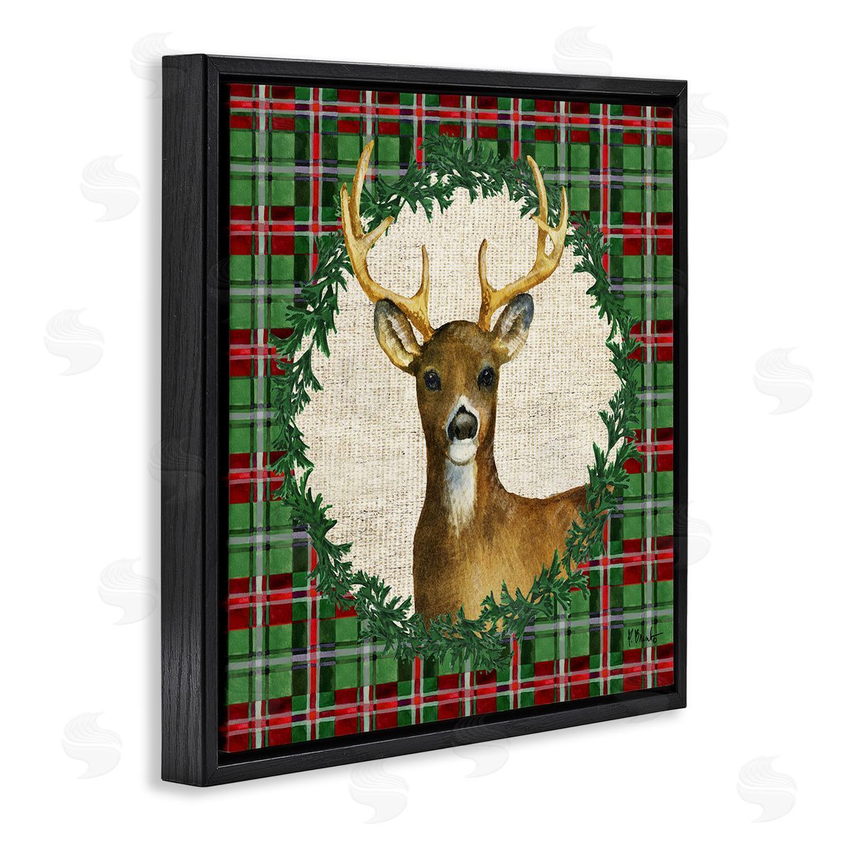 Plaid Holiday Deer Black Floating Frame Canvas Wall Art, Home Decor by Paul Brent