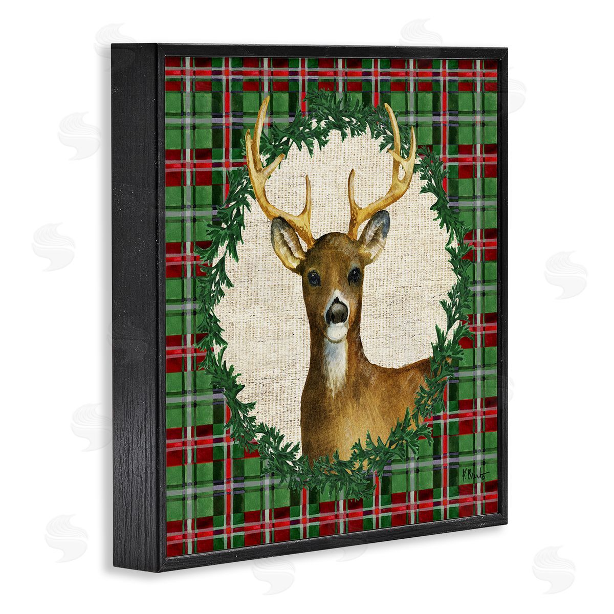 Plaid Holiday Deer Black Frame Print Wall Art, Home Decor by Paul Brent