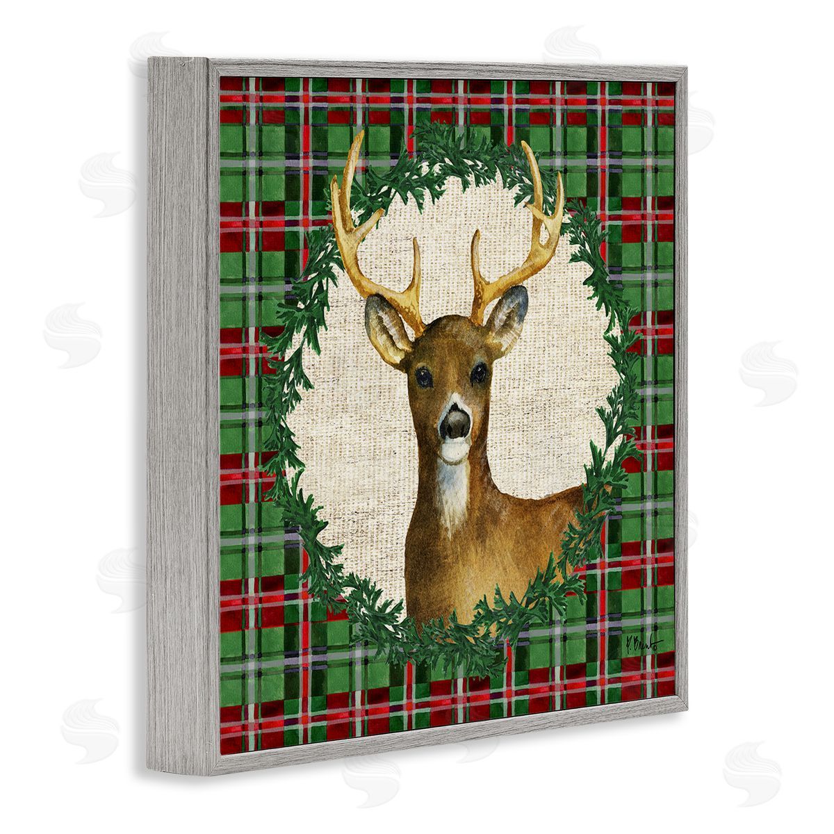 Plaid Holiday Deer Grey Frame Print Wall Art, Home Decor by Paul Brent