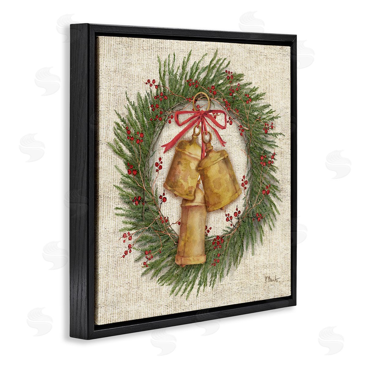 Festive Bells Wreath Black Floating Frame Canvas Wall Art, Home Decor by Paul Brent