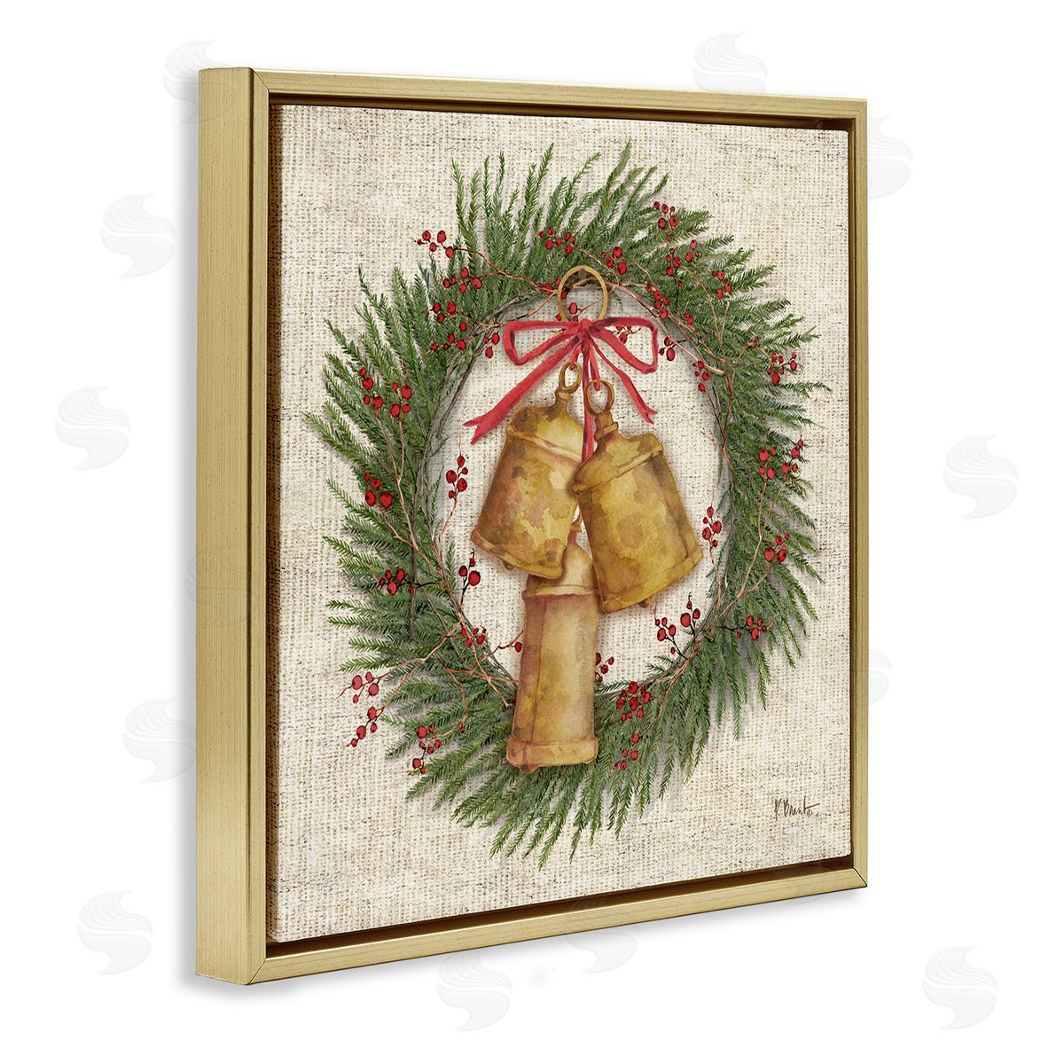 Festive Bells Wreath Gold Floating Frame Canvas Wall Art, Home Decor by Paul Brent