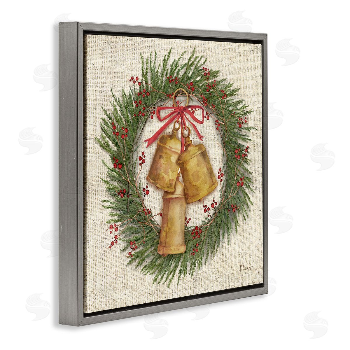 Festive Bells Wreath Grey Floating Frame Canvas Wall Art, Home Decor by Paul Brent
