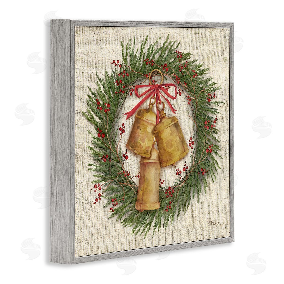 Festive Bells Wreath Grey Frame Print Wall Art, Home Decor by Paul Brent