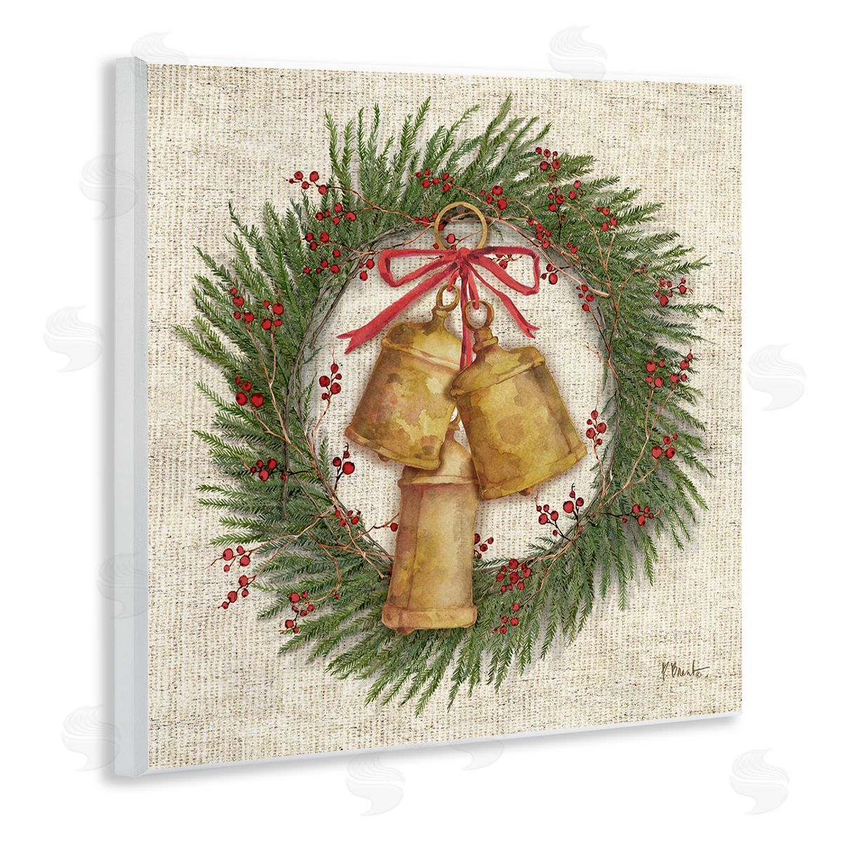 Festive Bells Wreath Wood Plaque Wall Art, Home Decor by Paul Brent