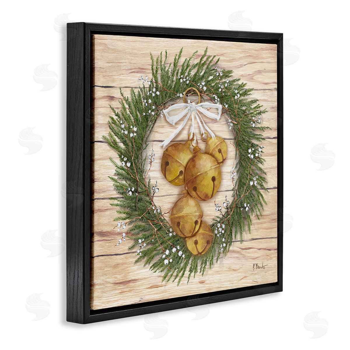 Winter Bells Wreath Black Floating Frame Canvas Wall Art, Home Decor by Paul Brent