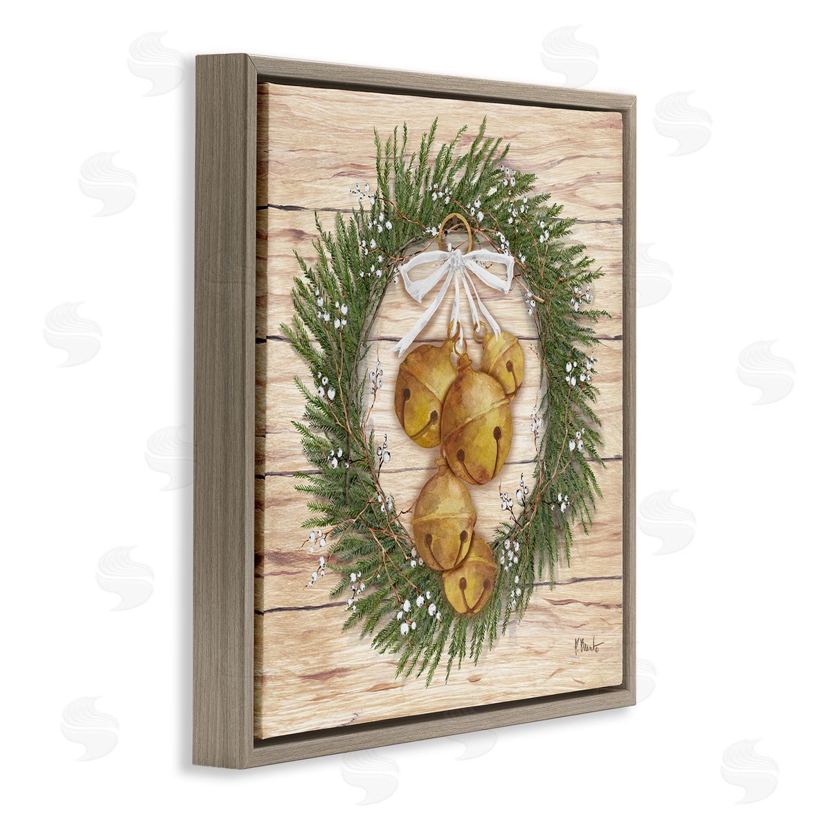 Winter Bells Wreath Brown Floating Frame Canvas Wall Art, Home Decor by Paul Brent