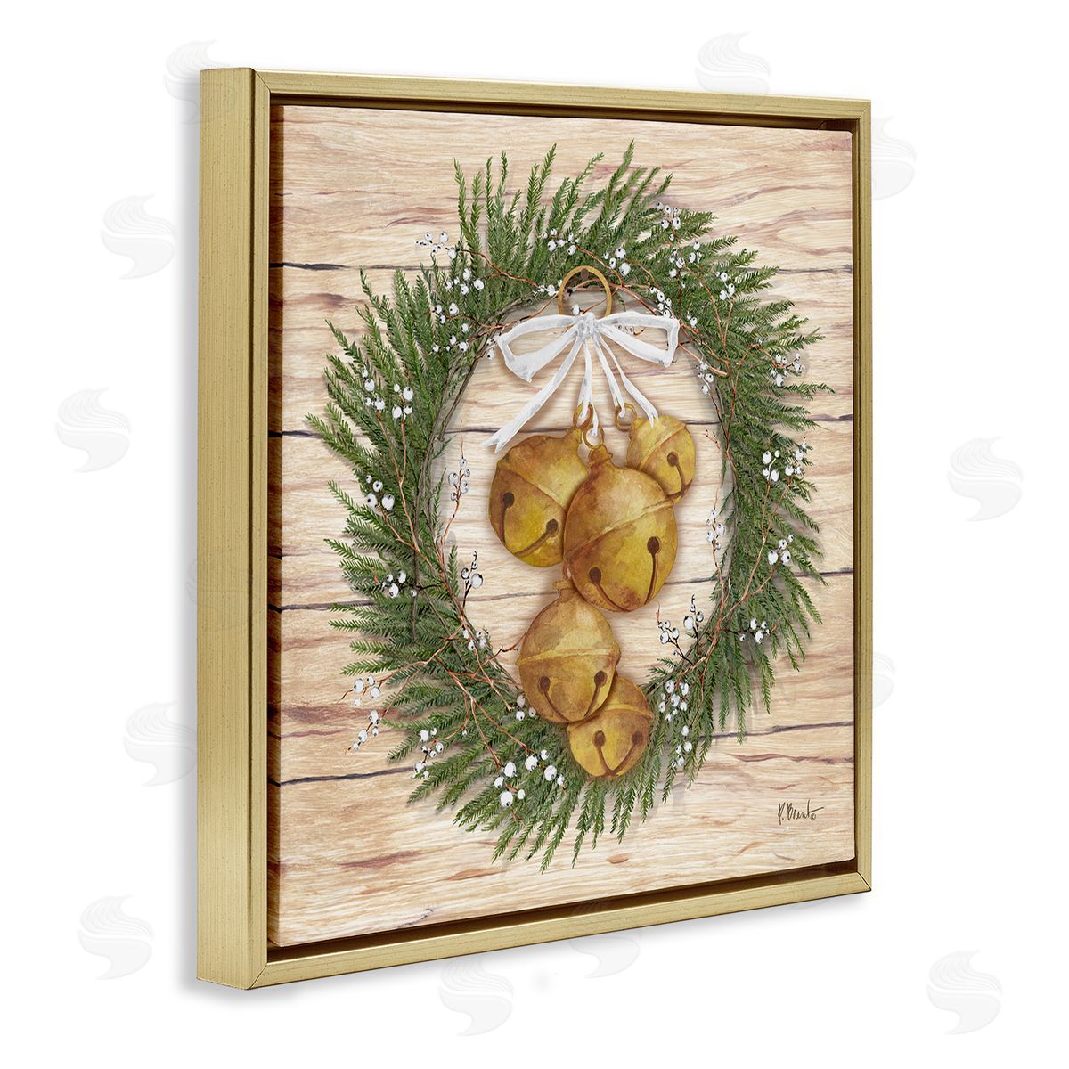 Winter Bells Wreath Gold Floating Frame Canvas Wall Art, Home Decor by Paul Brent