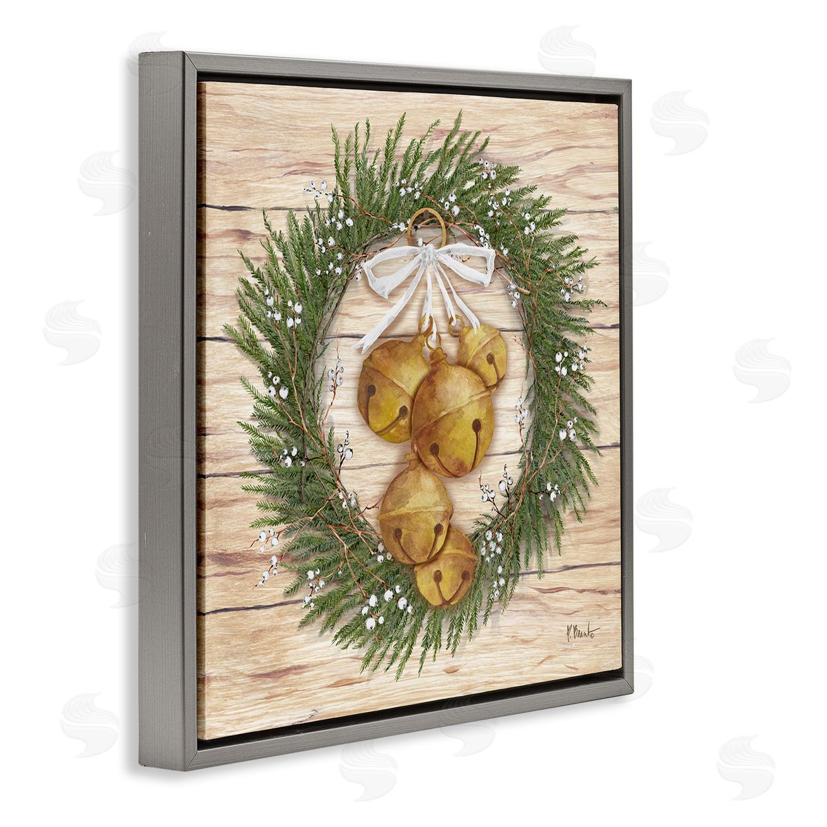 Winter Bells Wreath Grey Floating Frame Canvas Wall Art, Home Decor by Paul Brent