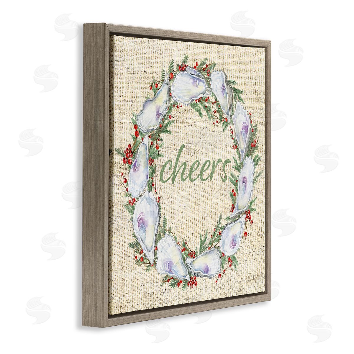 Shells & Holly Wreath Brown Floating Frame Canvas Wall Art, Home Decor by Paul Brent