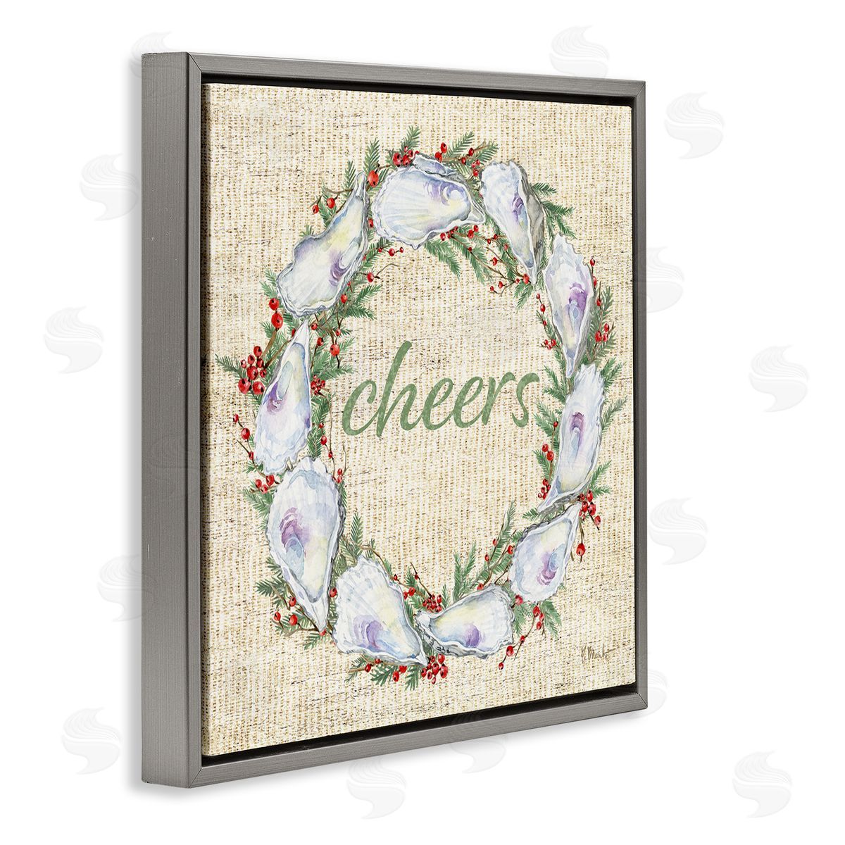 Shells & Holly Wreath Grey Floating Frame Canvas Wall Art, Home Decor by Paul Brent