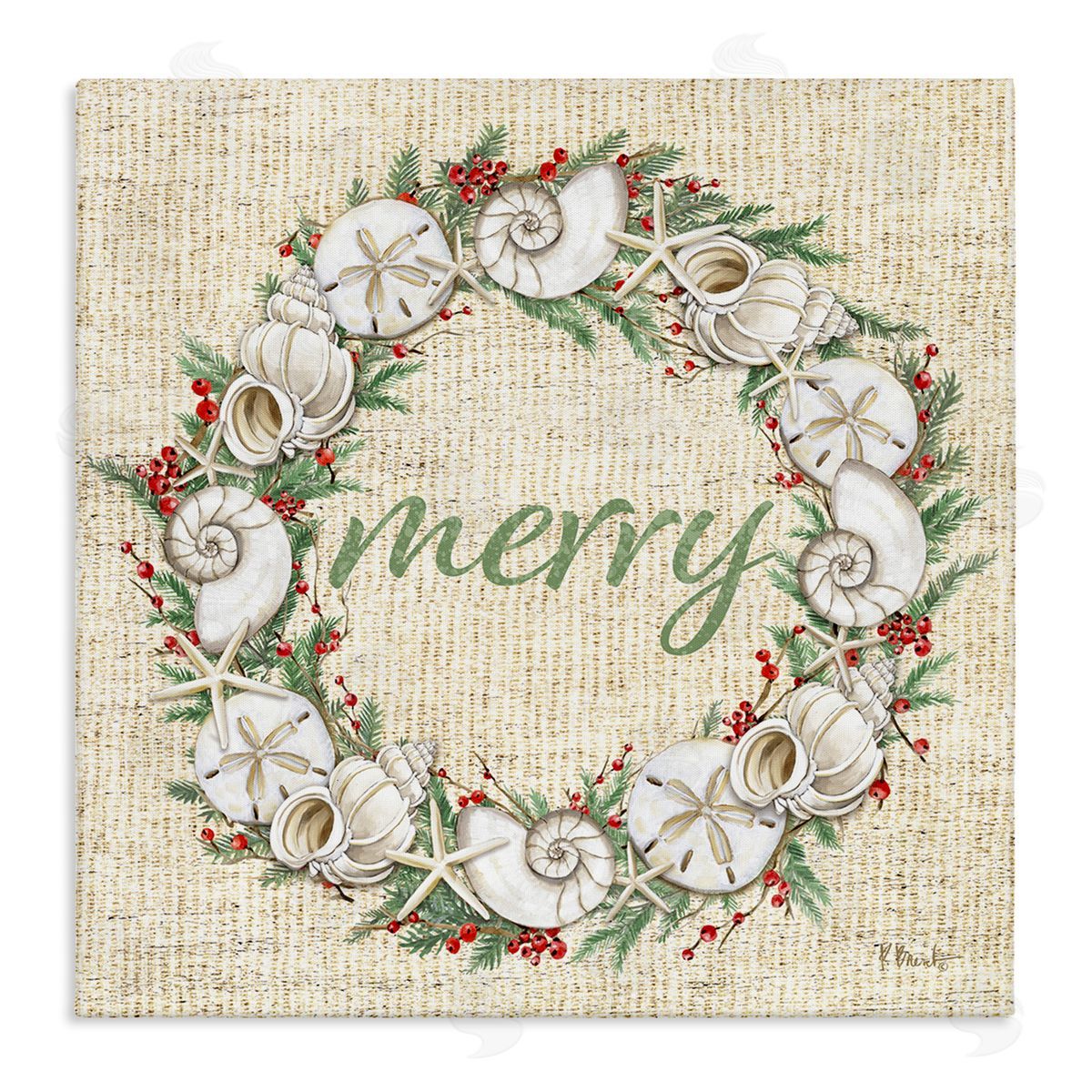 Shells & Holly Merry Canvas Wall Art, Home Decor by Paul Brent