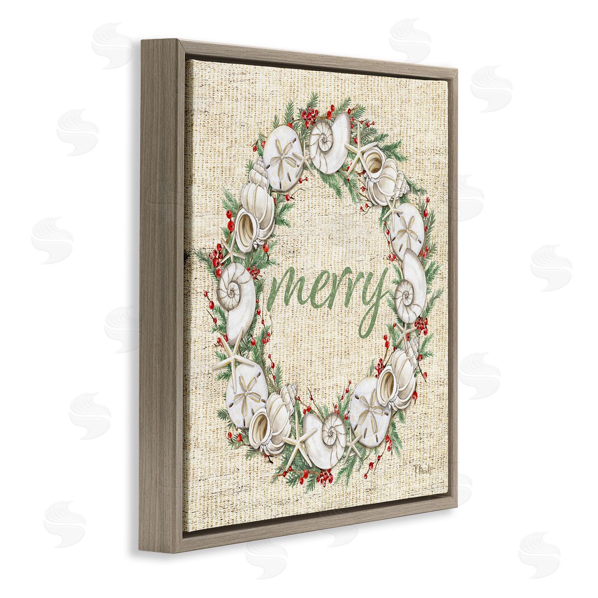 Shells & Holly Merry Brown Floating Frame Canvas Wall Art, Home Decor by Paul Brent