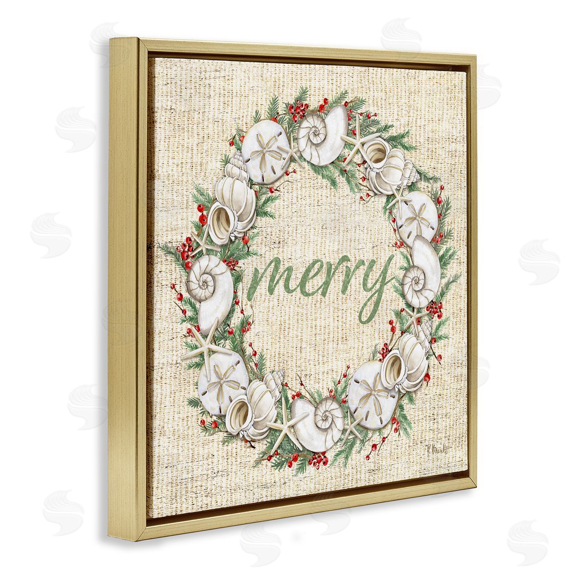 Shells & Holly Merry Gold Floating Frame Canvas Wall Art, Home Decor by Paul Brent