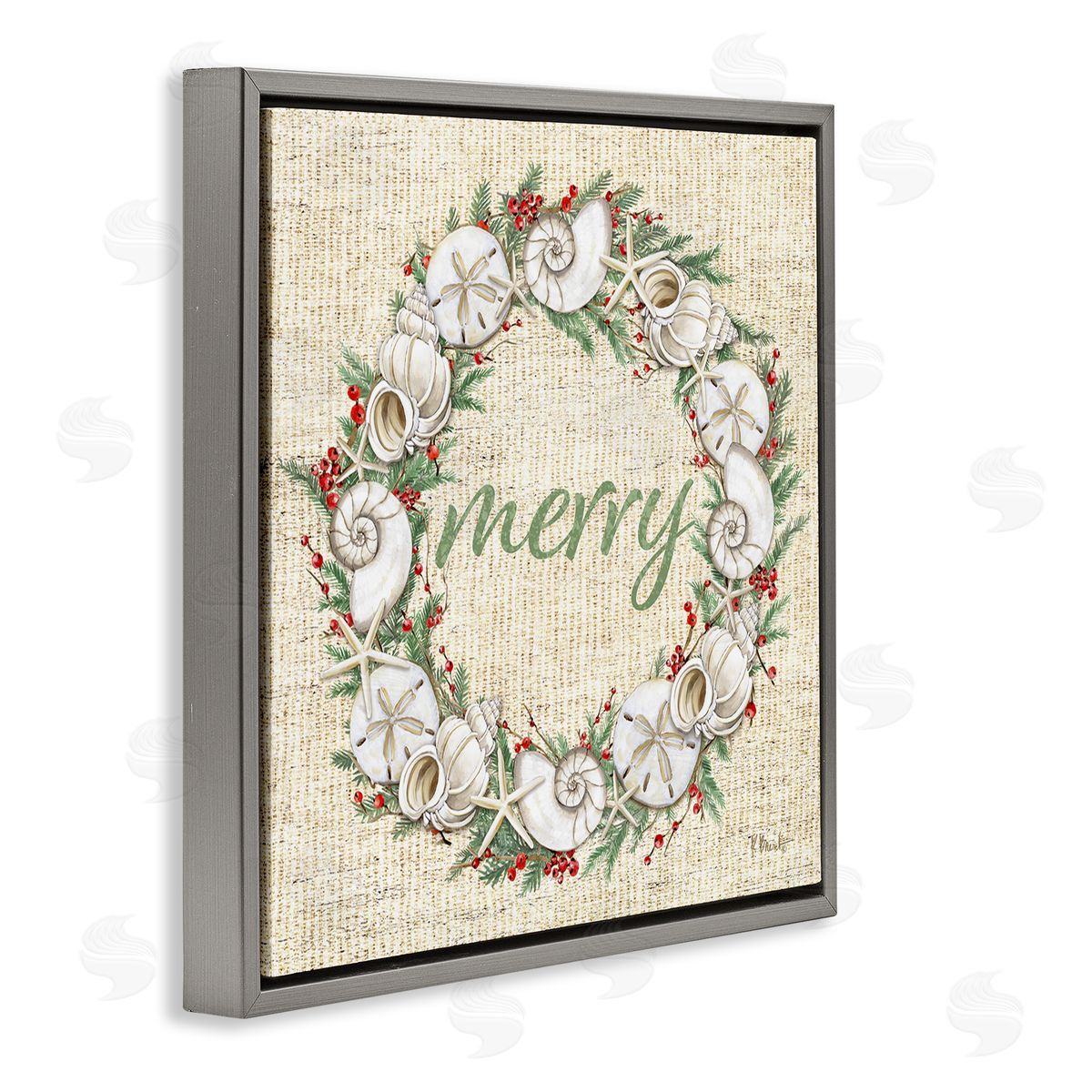 Shells & Holly Merry Grey Floating Frame Canvas Wall Art, Home Decor by Paul Brent