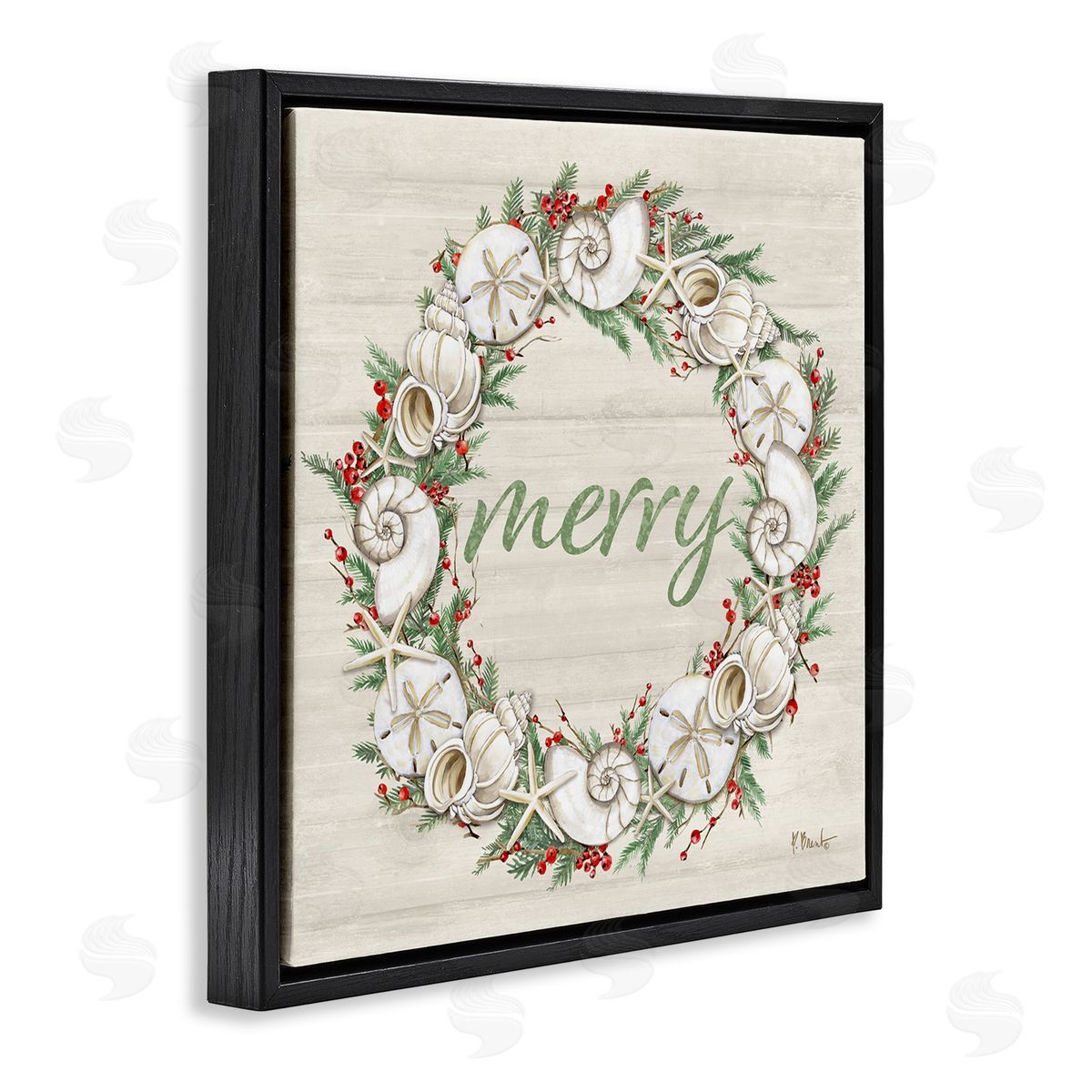 Shells & Festive Holly Black Floating Frame Canvas Wall Art, Home Decor by Paul Brent