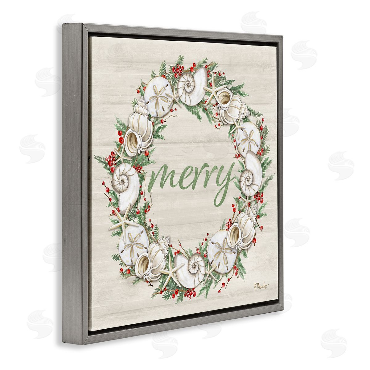 Shells & Festive Holly Grey Floating Frame Canvas Wall Art, Home Decor by Paul Brent