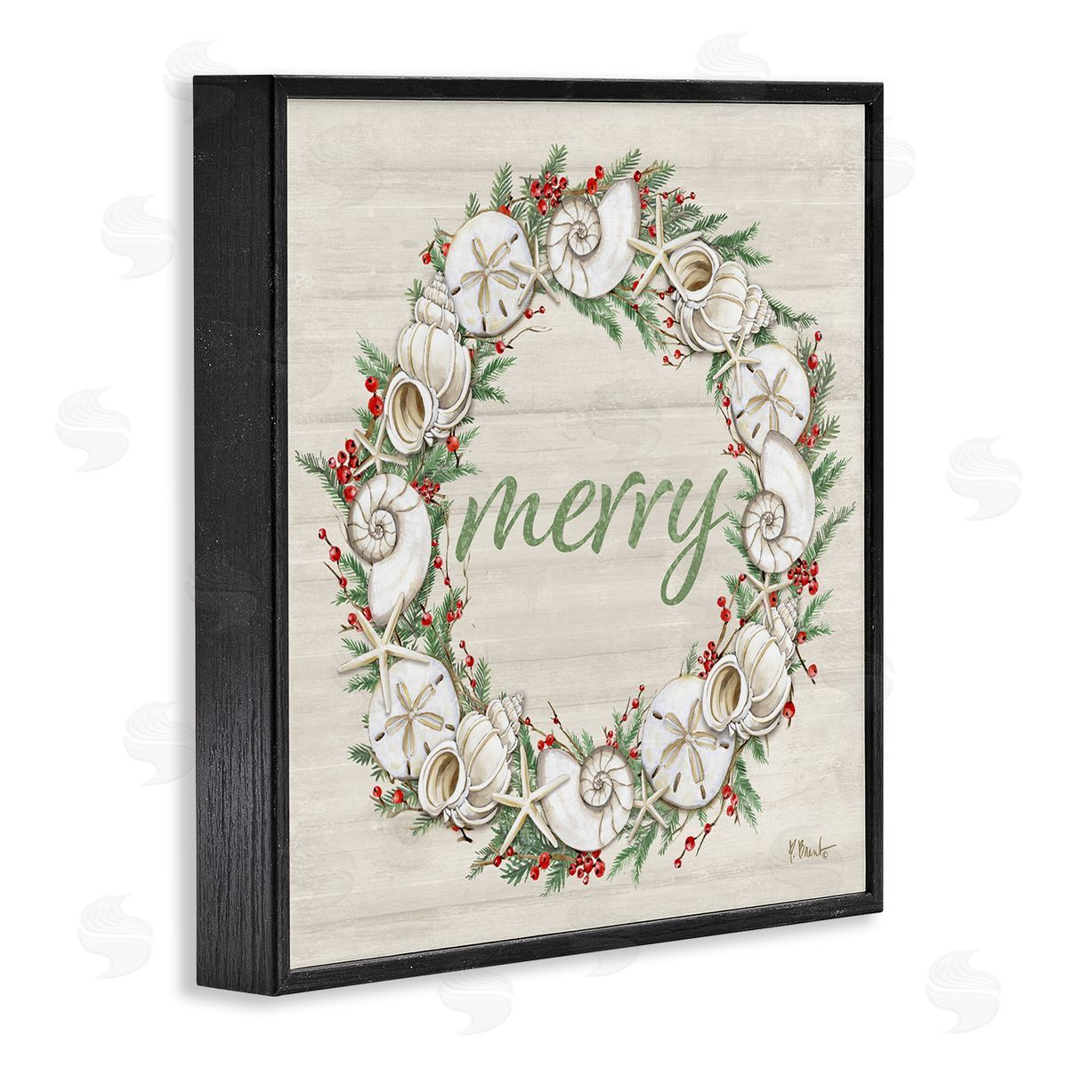 Shells & Festive Holly Black Frame Print Wall Art, Home Decor by Paul Brent