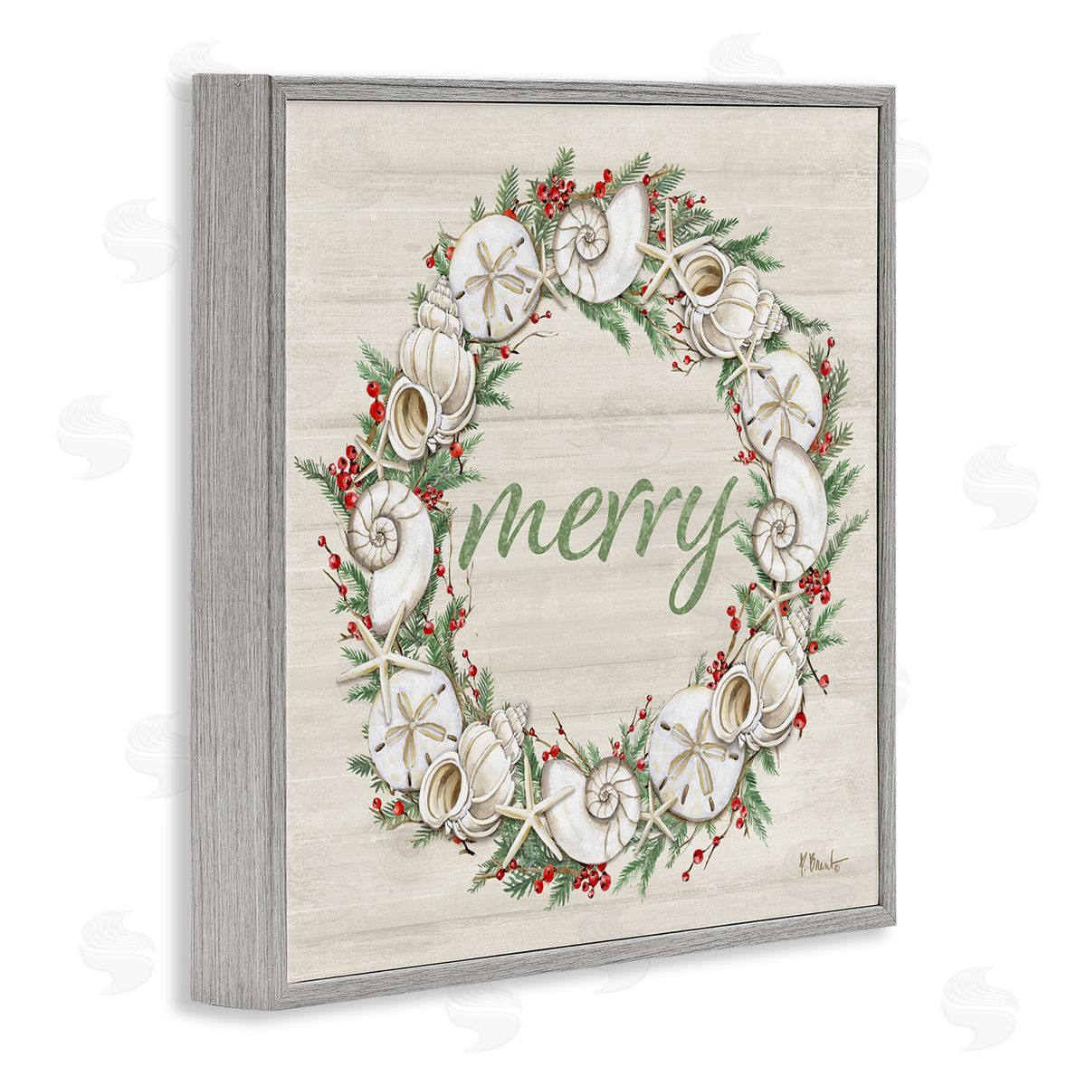 Shells & Festive Holly Grey Frame Print Wall Art, Home Decor by Paul Brent