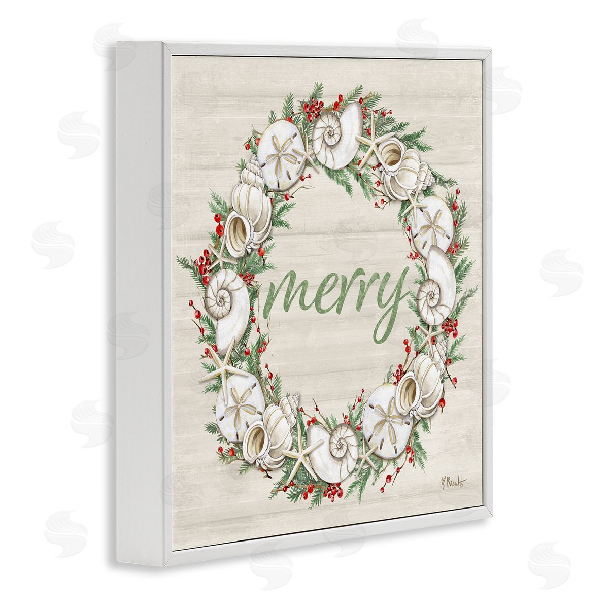 Shells & Festive Holly White Frame Print Wall Art, Home Decor by Paul Brent