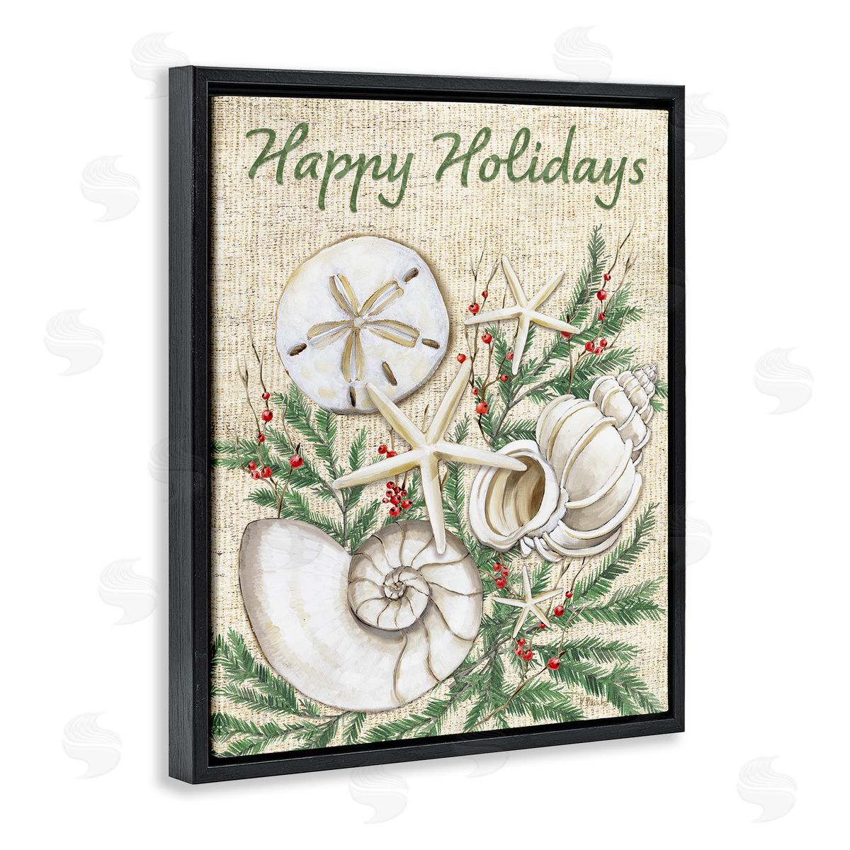 Festive Seashells & Holly Black Floating Frame Canvas Wall Art, Home Decor by Paul Brent