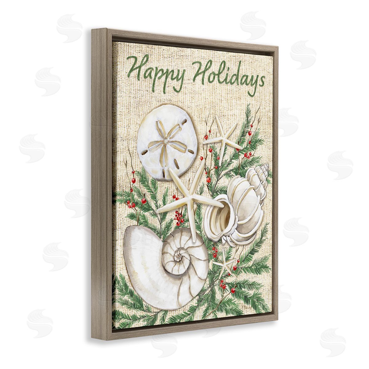 Festive Seashells & Holly Brown Floating Frame Canvas Wall Art, Home Decor by Paul Brent