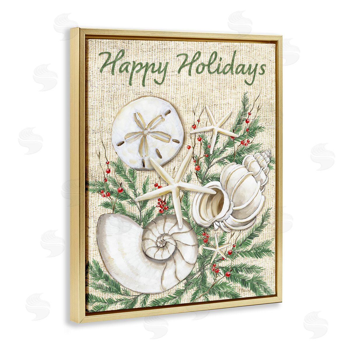 Festive Seashells & Holly Gold Floating Frame Canvas Wall Art, Home Decor by Paul Brent