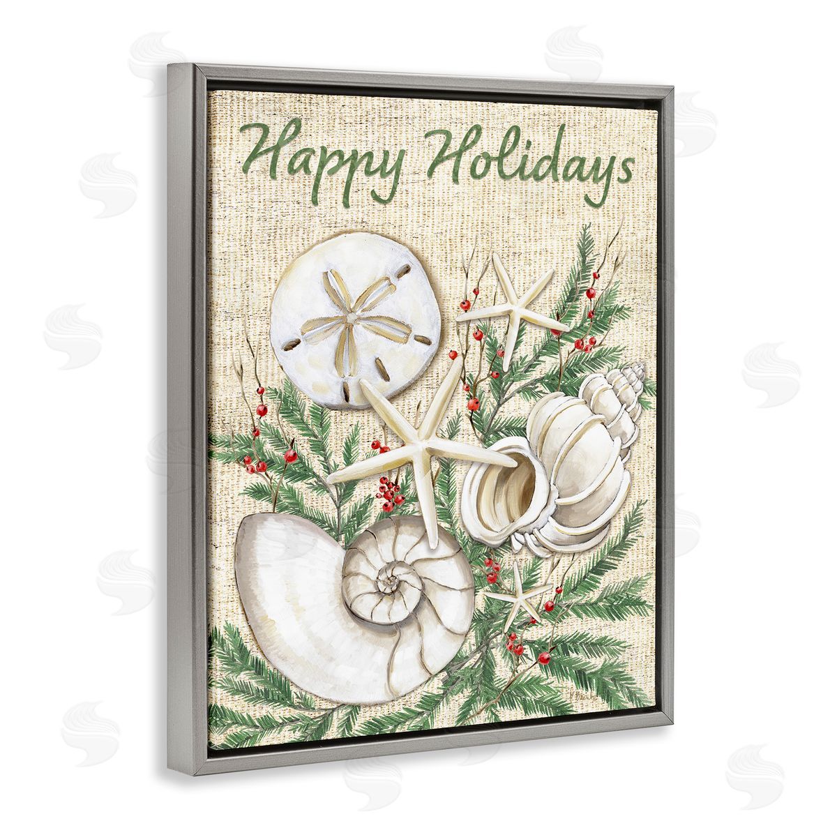 Festive Seashells & Holly Grey Floating Frame Canvas Wall Art, Home Decor by Paul Brent