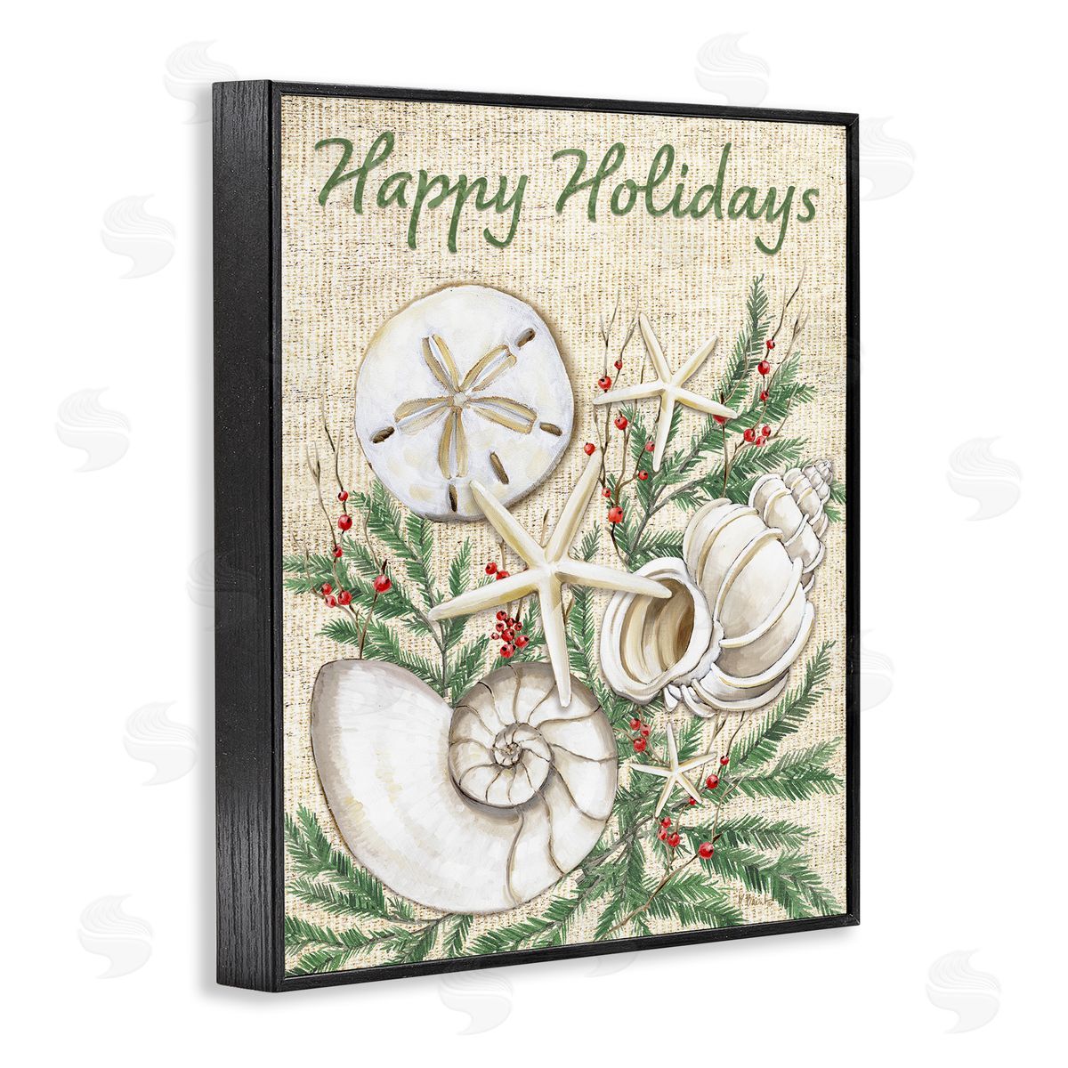 Festive Seashells & Holly Black Frame Print Wall Art, Home Decor by Paul Brent