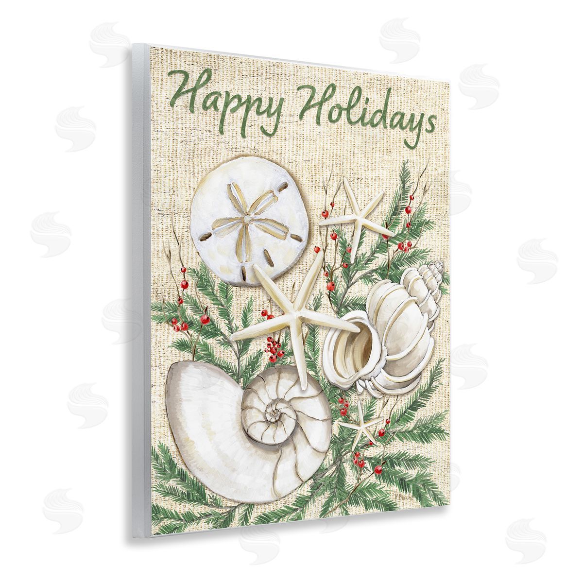 Festive Seashells & Holly Wood Plaque Wall Art, Home Decor by Paul Brent