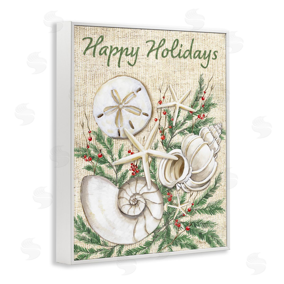 Festive Seashells & Holly White Frame Print Wall Art, Home Decor by Paul Brent